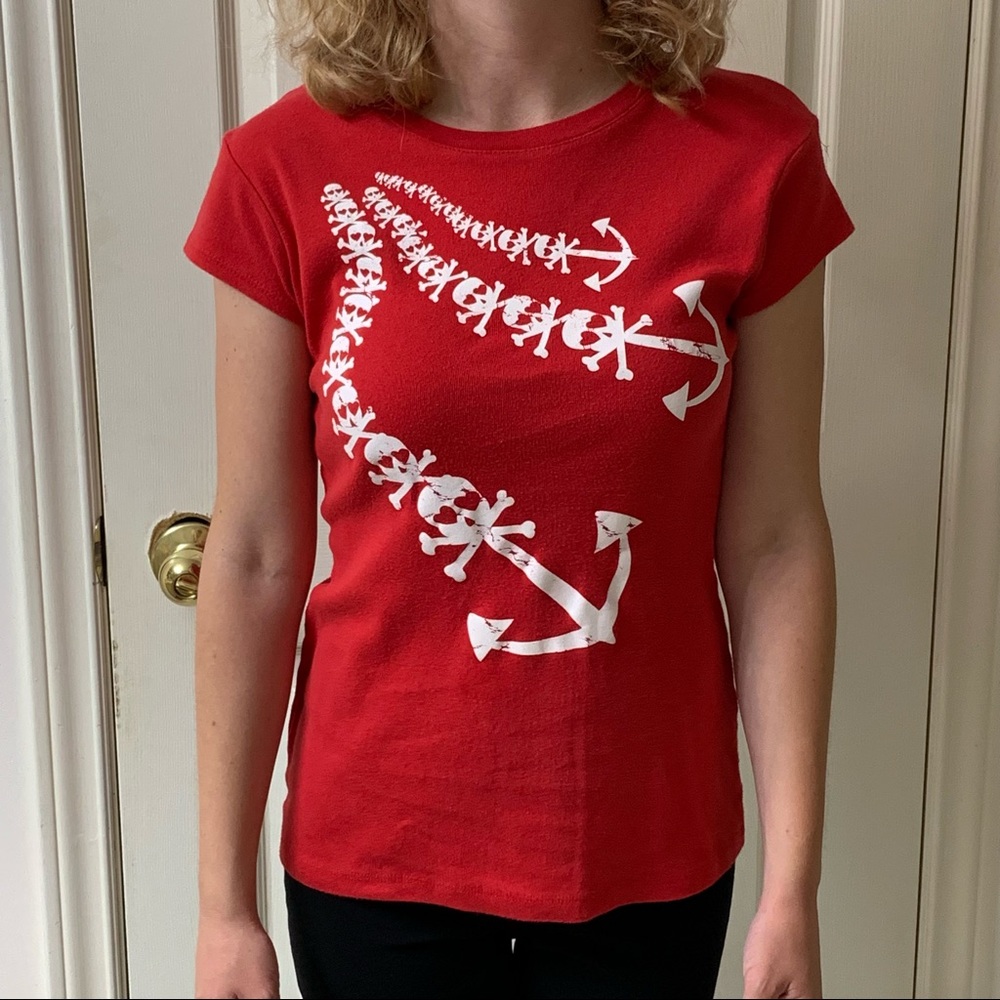 🌷3 for$25🌷Streetwear Society, US L, Red & White Skull Heart Anchor Tee Shirt